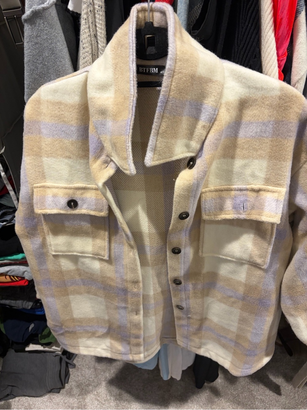 Teddy Plaid Shacket in Cream and Beige